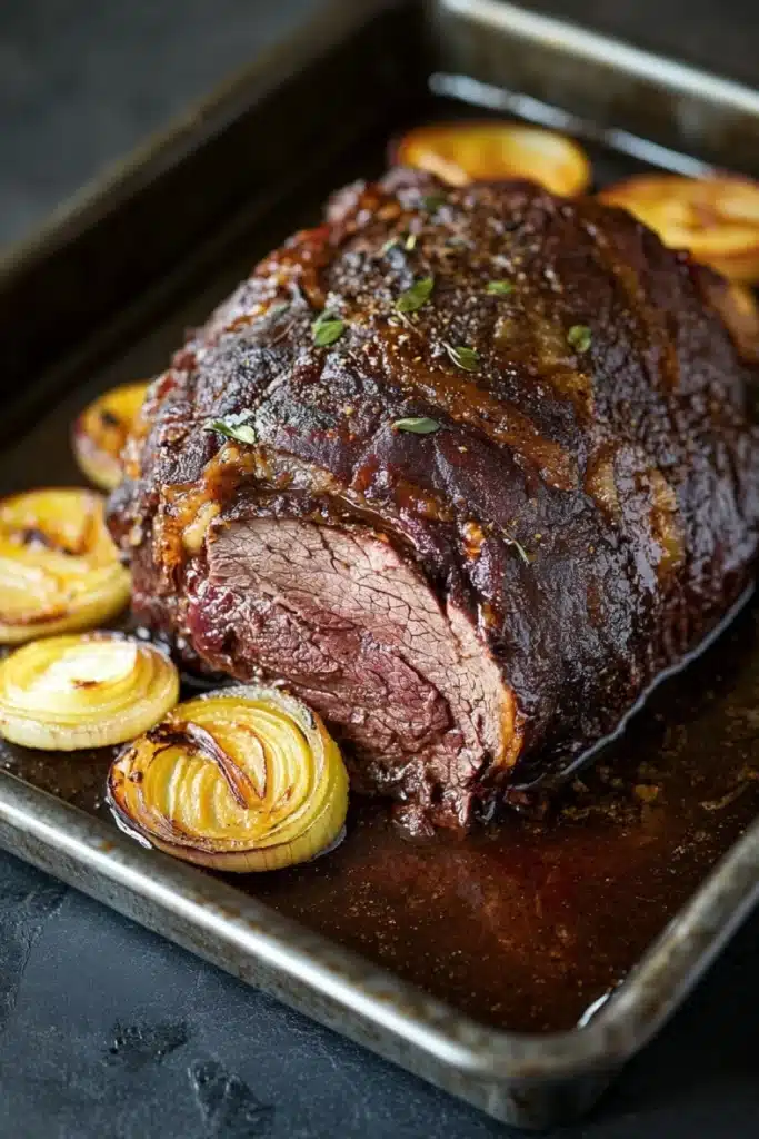 Beef roast crockpot slow cooker au jus - the image shows a large piece of roast beef on a baking tray. the roast beef is cooked medium-rare and has a dark brown glaze on top. it is garnished with fresh herbs and is surrounded by sliced onions. the tray is lined with parchment paper and is placed on a dark grey countertop. the overall presentation of the dish is elegant and appetizing.