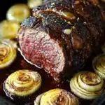 Beef roast crockpot slow cooker au jus - the image shows a large piece of cooked steak on a black baking tray. the steak appears to be medium-rare and has a dark brown crust on top. it is drizzled with a dark sauce and garnished with sliced onions. the onions are arranged in a circular pattern around the steak, with some overlapping each other. the tray is lined with parchment paper, and the background is blurred, making the steak the focal point of the image.
