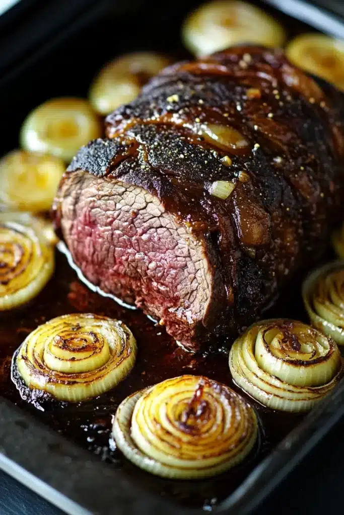 Beef roast crockpot slow cooker au jus - the image shows a large piece of cooked steak on a black baking tray. the steak appears to be medium-rare and has a dark brown crust on top. it is drizzled with a dark sauce and garnished with sliced onions. the onions are arranged in a circular pattern around the steak, with some overlapping each other. the tray is lined with parchment paper, and the background is blurred, making the steak the focal point of the image.