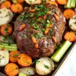 Beef sirloin tip roast slow cooker - the image shows a rectangular baking tray with a large piece of cooked meat on it. the meat appears to be a roast beef, with a dark brown crust on top and is garnished with chopped parsley. surrounding the meat are various vegetables, including carrots, celery, and onions. the vegetables are arranged in a colorful and appetizing manner, with some overlapping each other. the tray is sitting on a white marble countertop.