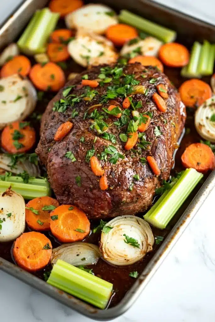 Beef sirloin tip roast slow cooker - the image shows a rectangular baking tray with a large piece of cooked meat on it. the meat appears to be a roast beef, with a dark brown crust on top and is garnished with chopped parsley. surrounding the meat are various vegetables, including carrots, celery, and onions. the vegetables are arranged in a colorful and appetizing manner, with some overlapping each other. the tray is sitting on a white marble countertop.