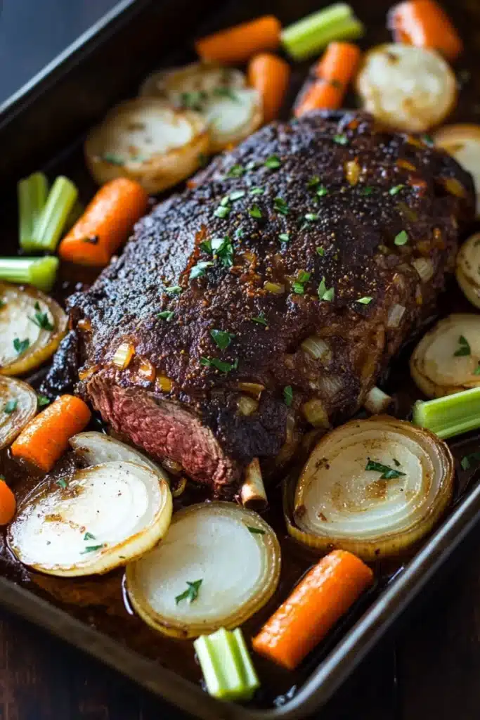 Beef sirloin tip roast slow cooker - the image shows a large piece of cooked meat on a black baking tray. the meat appears to be a roast beef, with a dark brown crust on top and a juicy center. it is garnished with chopped herbs and spices, and is surrounded by sliced carrots, celery, and onions. the vegetables are arranged in a circular pattern around the meat, with some overlapping each other. the tray is sitting on a wooden table, and the background is blurred.