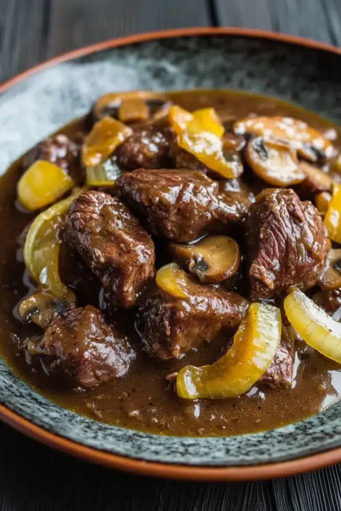 Beef tips freezer meal - the image is a close-up of a dish in a bowl. the dish appears to be a beef stew with chunks of beef, mushrooms, and yellow bell peppers. the beef is cooked in a rich, dark brown sauce and is garnished with sliced onions and mushrooms. the bowl is sitting on a wooden table with a dark background. the overall color scheme of the dish is warm and inviting.