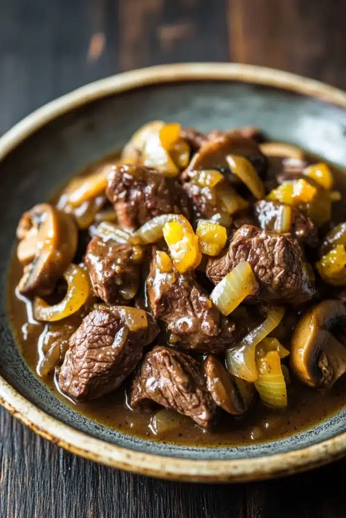 Beef tips freezer meal - the image shows a plate of beef stew with mushrooms and onions. the beef appears to be cooked medium-rare and is covered in a rich, dark brown sauce. the mushrooms are sliced and arranged in a circular pattern around the beef. the onions are bright yellow and appear to be caramelized. the dish is served on a dark brown plate with a gold rim. the background is blurred, but it seems to be a wooden table.