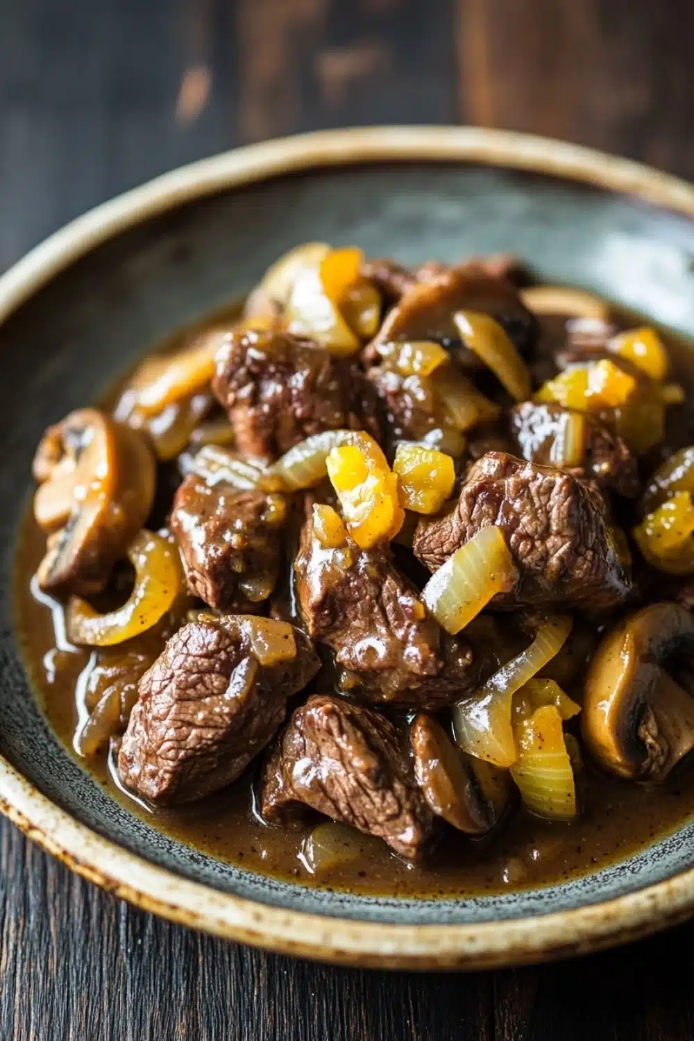 Beef tips freezer meal - the image shows a plate of beef stew with mushrooms and onions. the beef appears to be cooked medium-rare and is covered in a rich, dark brown sauce. the mushrooms are sliced and arranged in a circular pattern around the beef. the onions are bright yellow and appear to be caramelized. the dish is served on a dark brown plate with a gold rim. the background is blurred, but it seems to be a wooden table.