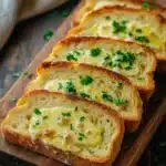 Bread to go with chili - the image shows a wooden cutting board with four slices of bread on it. the bread appears to be toasted and has a golden brown crust. on top of the bread, there is a layer of melted cheese, which is a creamy yellow color and is garnished with chopped parsley. the cutting board is placed on a dark wooden table with a white cloth napkin on the side. the background is blurred, but it seems to be a kitchen countertop.