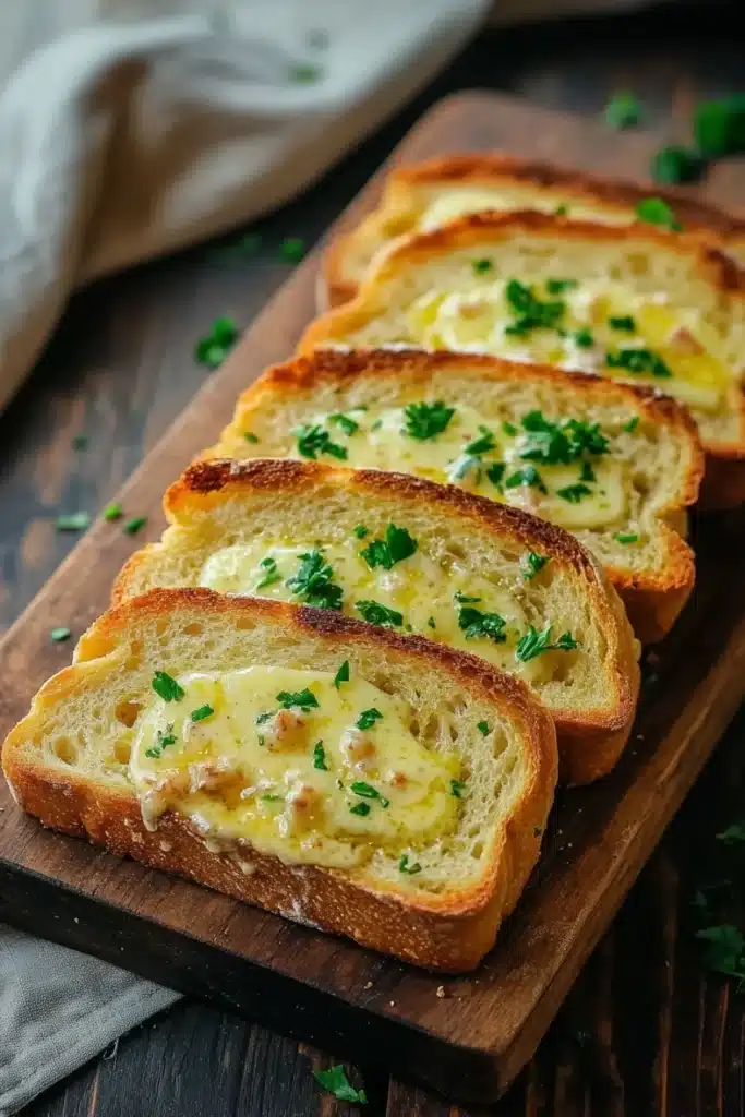 Bread to go with chili - the image shows a wooden cutting board with four slices of bread on it. the bread appears to be toasted and has a golden brown crust. on top of the bread, there is a layer of melted cheese, which is a creamy yellow color and is garnished with chopped parsley. the cutting board is placed on a dark wooden table with a white cloth napkin on the side. the background is blurred, but it seems to be a kitchen countertop.