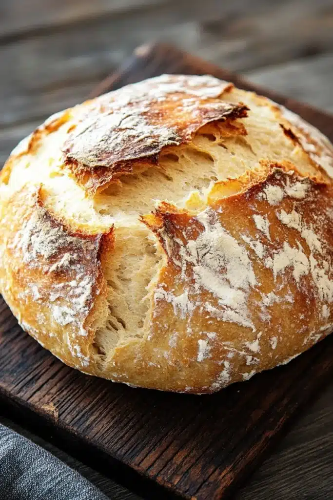 Bread to go with chili - the image is a close-up of a freshly baked loaf of bread on a wooden cutting board. the bread appears to be golden brown in color and has a soft, fluffy texture. the top of the bread is covered in a layer of powdered sugar, giving it a shiny appearance. the cutting board is placed on a dark wooden table with a blue cloth napkin on the side. the background is blurred, making the bread the focal point of the image.
