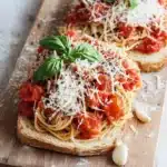 Bread with spaghetti - the image shows two slices of bread on a wooden cutting board. the bread appears to be toasted and has a golden brown crust. on top of the bread, there is a generous amount of tomato sauce and grated parmesan cheese. there are also a few basil leaves scattered around the cutting board, adding a pop of green color to the dish. the background is a white wooden table with a few garlic cloves scattered around.