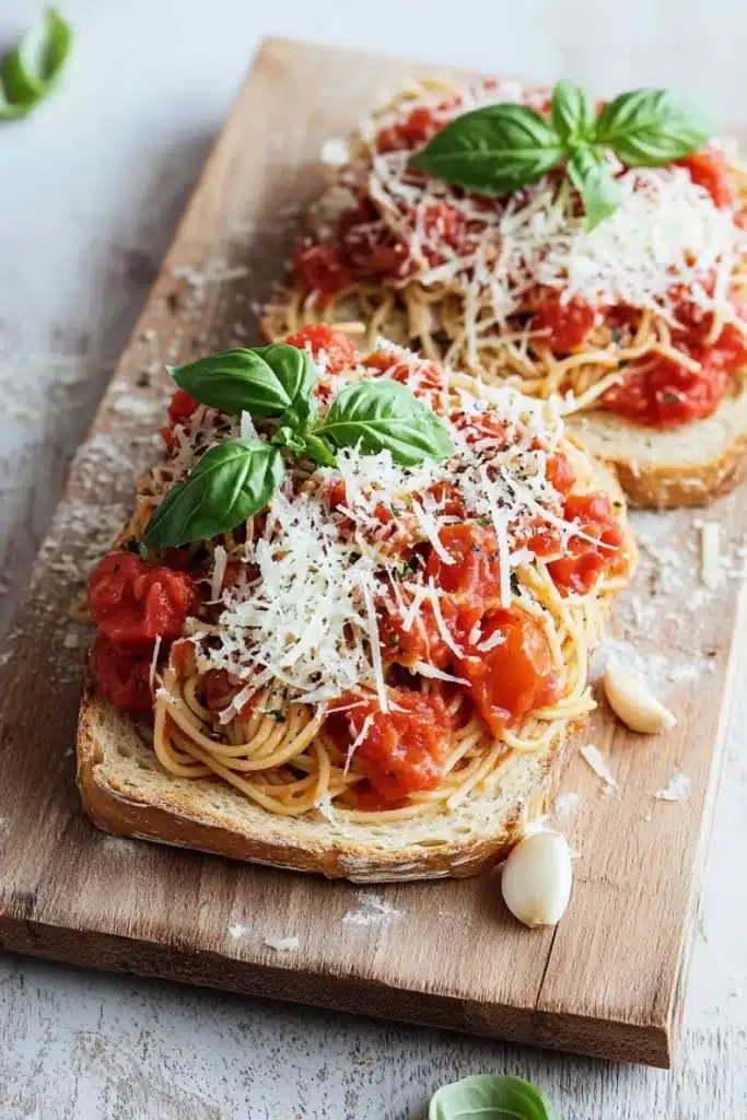 Bread with spaghetti - the image shows two slices of bread on a wooden cutting board. the bread appears to be toasted and has a golden brown crust. on top of the bread, there is a generous amount of tomato sauce and grated parmesan cheese. there are also a few basil leaves scattered around the cutting board, adding a pop of green color to the dish. the background is a white wooden table with a few garlic cloves scattered around.