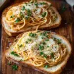 Bread with spaghetti - the image shows two slices of bread on a wooden cutting board. the bread appears to be toasted and has a golden brown crust. on top of the bread, there is a generous amount of spaghetti, which is cooked al dente and topped with grated parmesan cheese. the spaghetti is garnished with fresh parsley and there are a few sprigs of parsley scattered around the cutting board, adding a pop of green color to the dish. in the background, there are more slices of cheese and a white cloth napkin. the overall aesthetic of the image is rustic and appetizing.