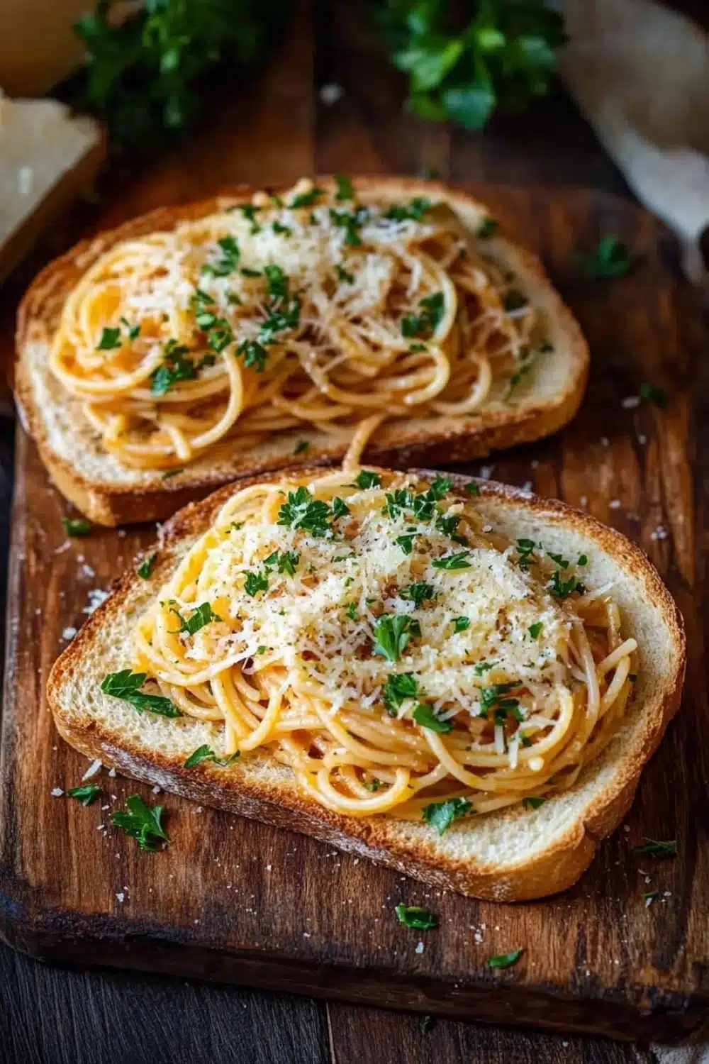 Bread with spaghetti - the image shows two slices of bread on a wooden cutting board. the bread appears to be toasted and has a golden brown crust. on top of the bread, there is a generous amount of spaghetti, which is cooked al dente and topped with grated parmesan cheese. the spaghetti is garnished with fresh parsley and there are a few sprigs of parsley scattered around the cutting board, adding a pop of green color to the dish. in the background, there are more slices of cheese and a white cloth napkin. the overall aesthetic of the image is rustic and appetizing.