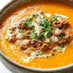 Butternut squash soup ground turkey - the image is a close-up of a bowl of soup. the soup appears to be orange in color and has a smooth texture. on top of the soup, there are chunks of ground beef, diced onions, and a sprig of fresh parsley. the bowl is made of ceramic and is sitting on a white surface. the background is blurred, making the soup the focal point of the image.