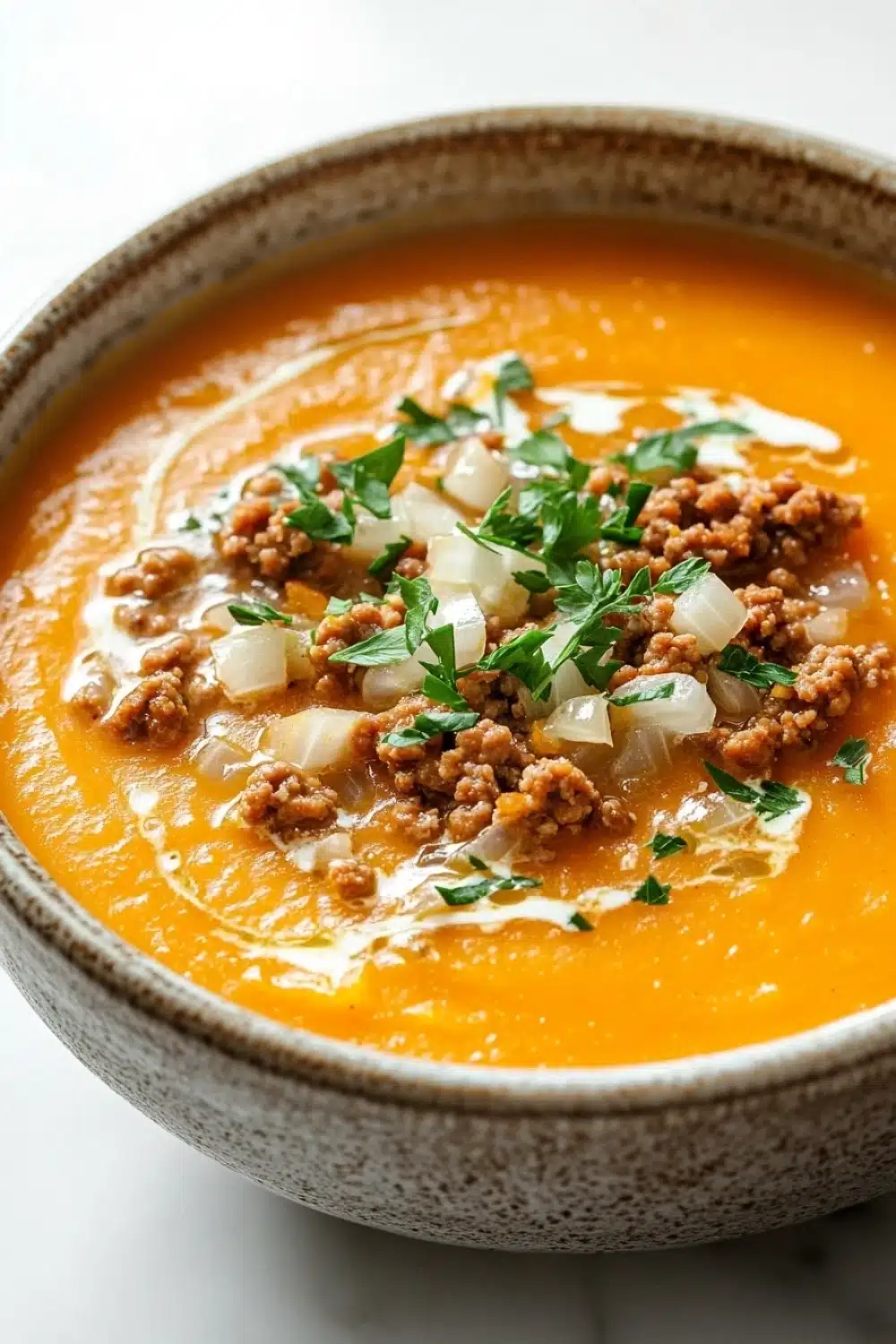 Butternut squash soup ground turkey - the image is a close-up of a bowl of soup. the soup appears to be orange in color and has a smooth texture. on top of the soup, there are chunks of ground beef, diced onions, and a sprig of fresh parsley. the bowl is made of ceramic and is sitting on a white surface. the background is blurred, making the soup the focal point of the image.