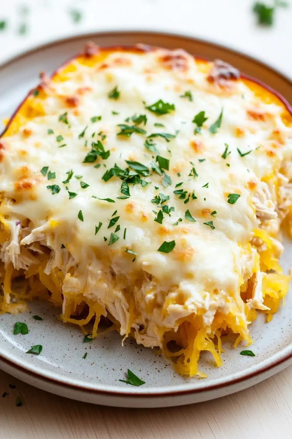 Cheesy chicken spaghetti squash casserole jar of lemons - the image shows a slice of spaghetti squash casserole on a white plate. the dish is golden brown and has a layer of melted cheese on top. the cheese is melted and bubbly, and there are small pieces of chicken scattered throughout the dish. the plate is garnished with chopped parsley. the background is blurred, but it appears to be a wooden table.