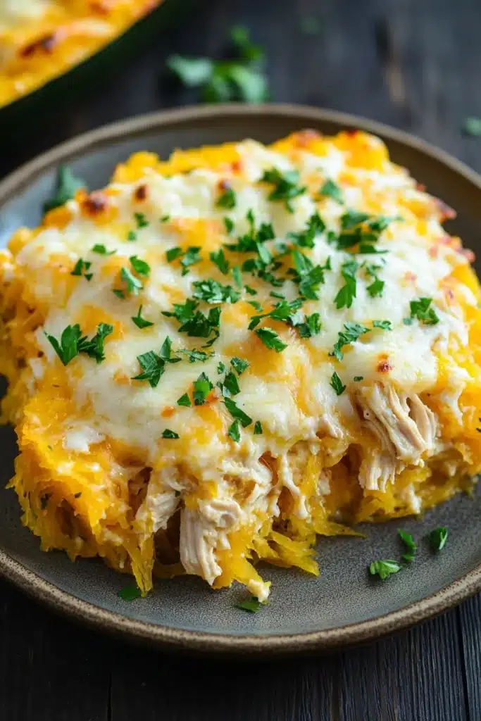 Cheesy chicken spaghetti squash casserole jar of lemons - the image shows a plate of spaghetti squash casserole with a layer of melted cheese on top. the cheese is golden brown and appears to be melted and bubbly. the dish is garnished with fresh parsley. the plate is on a wooden table with a green casserolle in the background. the overall color scheme of the image is warm and inviting.
