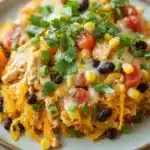 Cheesy mexican chicken spaghetti squash casserole optavia - the image is a close-up of a plate of food. the plate is round and has a light blue rim. the food appears to be a casserole dish with shredded chicken, black beans, corn kernels, and diced tomatoes. the chicken is cooked to a golden brown color and is garnished with fresh cilantro. the black beans are scattered throughout the dish, and the corn kernels are bright yellow. the tomatoes are red and appear to be seasoned with herbs and spices. the dish is served on a white tablecloth with a sprig of parsley in the background.