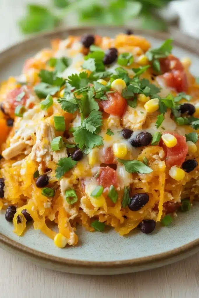 Cheesy mexican chicken spaghetti squash casserole optavia - the image is a close-up of a plate of food. the plate is round and has a light blue rim. the food appears to be a casserole dish with shredded chicken, black beans, corn kernels, and diced tomatoes. the chicken is cooked to a golden brown color and is garnished with fresh cilantro. the black beans are scattered throughout the dish, and the corn kernels are bright yellow. the tomatoes are red and appear to be seasoned with herbs and spices. the dish is served on a white tablecloth with a sprig of parsley in the background.