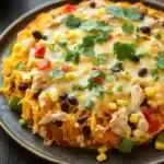 Cheesy mexican chicken spaghetti squash casserole optavia - the image shows a plate of food on a wooden table. the plate is round and has a dark brown rim. on top of the plate, there is a layer of shredded chicken, black beans, corn, and red bell peppers. the chicken is covered in melted cheese and garnished with fresh cilantro. the dish appears to be freshly cooked and ready to eat.