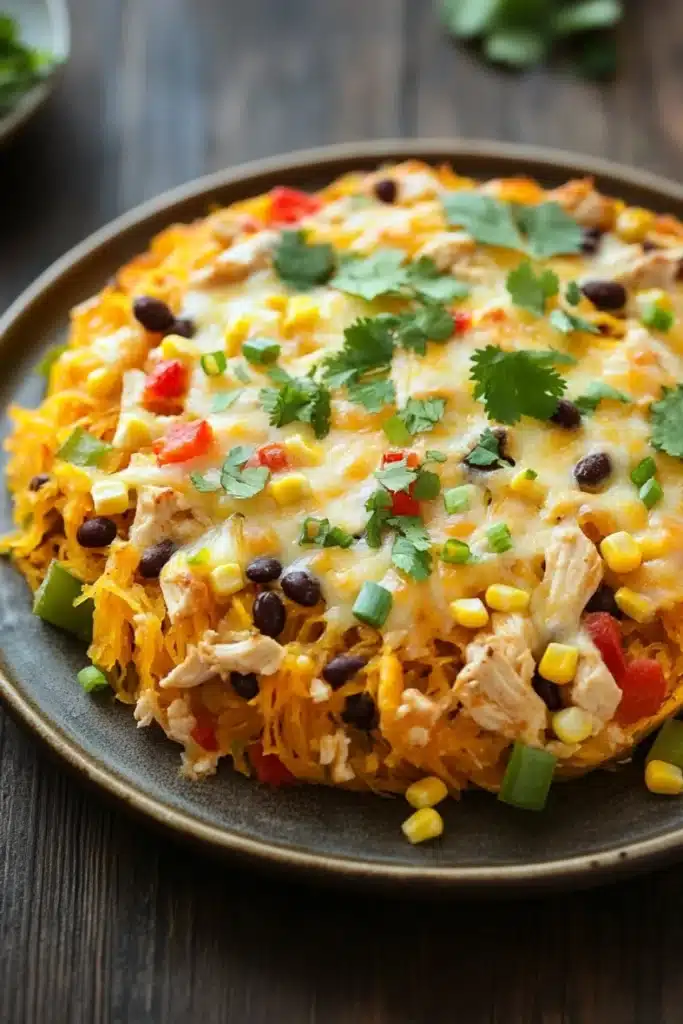 Cheesy mexican chicken spaghetti squash casserole optavia - the image shows a plate of food on a wooden table. the plate is round and has a dark brown rim. on top of the plate, there is a layer of shredded chicken, black beans, corn, and red bell peppers. the chicken is covered in melted cheese and garnished with fresh cilantro. the dish appears to be freshly cooked and ready to eat.