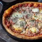 Chicago deep dish pizza cast iron skillet - the image shows a freshly baked pizza in a black cast iron skillet on a wooden cutting board. the pizza has a golden brown crust and is topped with melted cheese, tomato sauce, and chunks of meat. there are also some fresh herbs scattered on top of the pizza. the skillet is sitting on a dark wooden table.