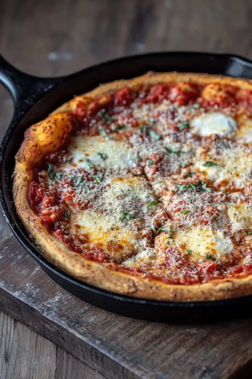 Chicago deep dish pizza cast iron skillet - the image shows a freshly baked pizza in a black cast iron skillet on a wooden cutting board. the pizza has a golden brown crust and is topped with melted cheese, tomato sauce, and chunks of meat. there are also some fresh herbs scattered on top of the pizza. the skillet is sitting on a dark wooden table.