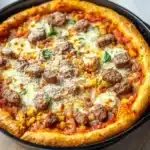 Chicago deep dish pizza cast iron skillet - the image shows a large pizza in a black cast iron skillet on a wooden cutting board. the pizza has a golden brown crust and is topped with melted cheese, chunks of meatballs, and various toppings such as tomatoes, onions, and basil. the toppings are arranged in a circular pattern on top of the pizza. the skillet is sitting on a white marble countertop.