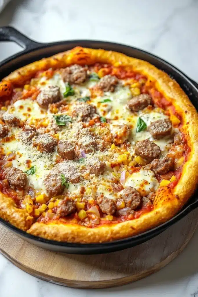 Chicago deep dish pizza cast iron skillet - the image shows a large pizza in a black cast iron skillet on a wooden cutting board. the pizza has a golden brown crust and is topped with melted cheese, chunks of meatballs, and various toppings such as tomatoes, onions, and basil. the toppings are arranged in a circular pattern on top of the pizza. the skillet is sitting on a white marble countertop.