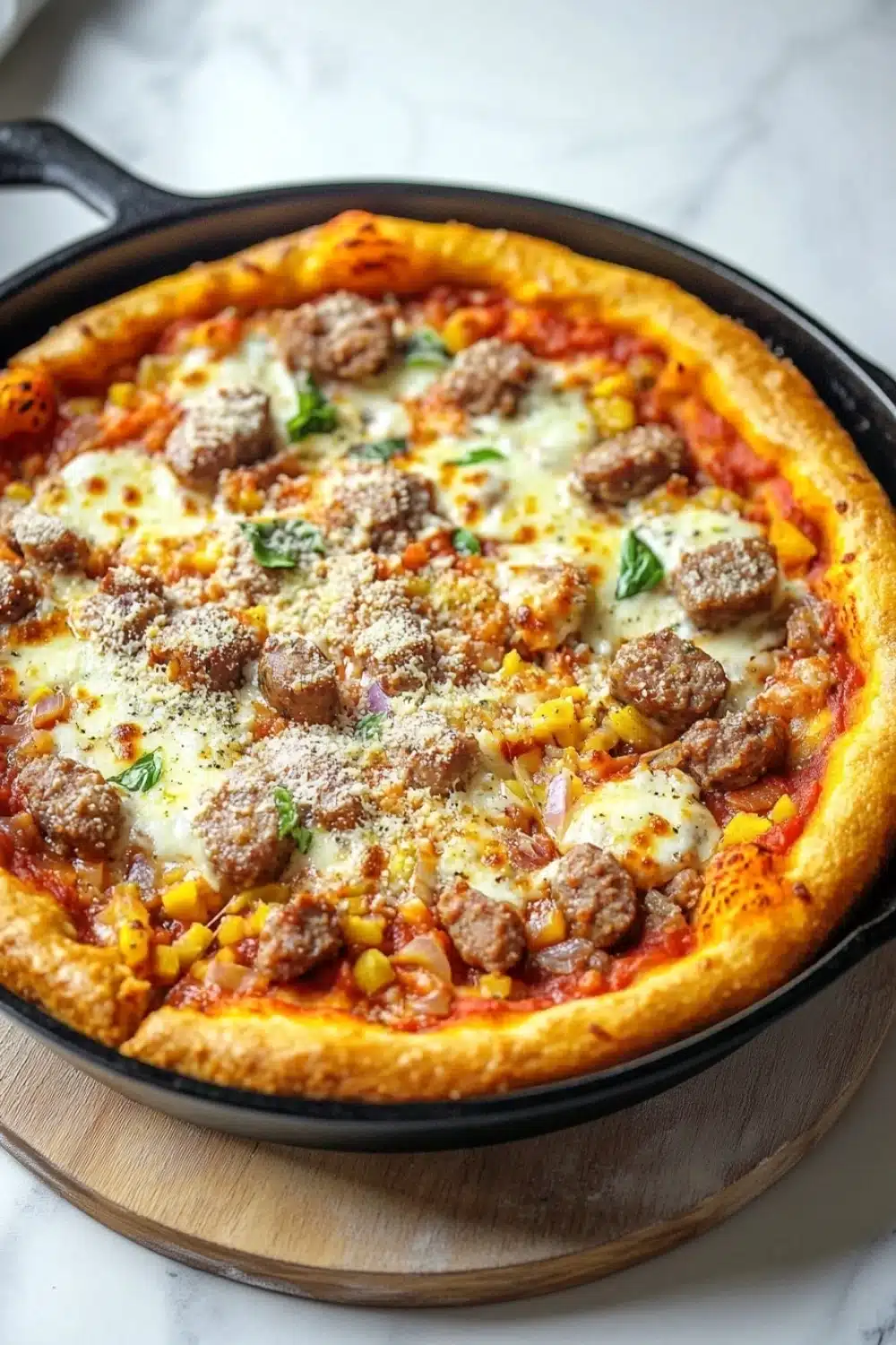 Chicago deep dish pizza cast iron skillet - the image shows a large pizza in a black cast iron skillet on a wooden cutting board. the pizza has a golden brown crust and is topped with melted cheese, chunks of meatballs, and various toppings such as tomatoes, onions, and basil. the toppings are arranged in a circular pattern on top of the pizza. the skillet is sitting on a white marble countertop.