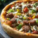 Chicago deep dish pizza toppings - the image is of a large pizza on a wooden cutting board. the pizza has a golden brown crust and is topped with various toppings such as sausage, bell peppers, mushrooms, and onions. the toppings are arranged in a colorful and appetizing manner. the background is dark and there is a sprig of parsley on the side of the cutting board, suggesting that the pizza is ready to be served.