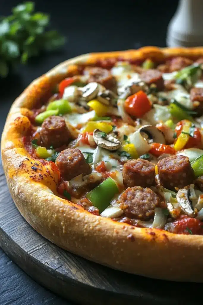 Chicago deep dish pizza toppings - the image is of a large pizza on a wooden cutting board. the pizza has a golden brown crust and is topped with various toppings such as sausage, bell peppers, mushrooms, and onions. the toppings are arranged in a colorful and appetizing manner. the background is dark and there is a sprig of parsley on the side of the cutting board, suggesting that the pizza is ready to be served.