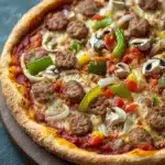 Chicago deep dish pizza toppings - the image is of a large pizza on a wooden cutting board. the pizza has a golden brown crust and is topped with a variety of toppings. on top of the pizza, there are several slices of sausage, sliced mushrooms, red bell peppers, and sliced onions. the toppings are arranged in a circular pattern, with some overlapping each other. the background is a dark grey countertop.