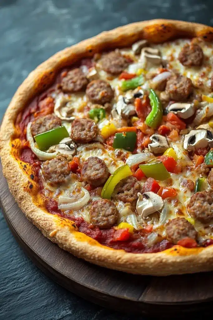 Chicago deep dish pizza toppings - the image is of a large pizza on a wooden cutting board. the pizza has a golden brown crust and is topped with a variety of toppings. on top of the pizza, there are several slices of sausage, sliced mushrooms, red bell peppers, and sliced onions. the toppings are arranged in a circular pattern, with some overlapping each other. the background is a dark grey countertop.