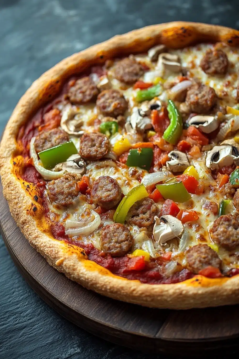 Chicago deep dish pizza toppings - the image is of a large pizza on a wooden cutting board. the pizza has a golden brown crust and is topped with a variety of toppings. on top of the pizza, there are several slices of sausage, sliced mushrooms, red bell peppers, and sliced onions. the toppings are arranged in a circular pattern, with some overlapping each other. the background is a dark grey countertop.
