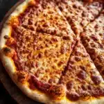 Chicago style thin crust pizza dough - the image is of a freshly baked pizza on a wooden cutting board. the pizza is round and has a golden brown crust. it is topped with a generous amount of melted cheese, which is golden brown and bubbly. the cheese is spread evenly across the top of the pizza, with small chunks of red sauce visible. there are also small orange-colored mushrooms scattered throughout the cheese. the cutting board is placed on a dark wooden table, and the background is blurred, making the pizza the focal point of the image.
