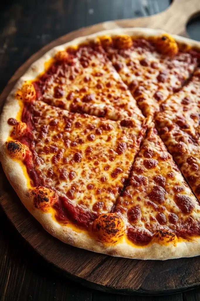 Chicago style thin crust pizza dough - the image is of a freshly baked pizza on a wooden cutting board. the pizza is round and has a golden brown crust. it is topped with a generous amount of melted cheese, which is golden brown and bubbly. the cheese is spread evenly across the top of the pizza, with small chunks of red sauce visible. there are also small orange-colored mushrooms scattered throughout the cheese. the cutting board is placed on a dark wooden table, and the background is blurred, making the pizza the focal point of the image.