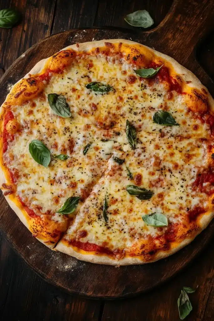 Chicago style thin crust pizza dough - the image is of a freshly baked pizza on a wooden cutting board. the pizza is round and has a golden brown crust. it is topped with melted cheese, red sauce, and fresh basil leaves. the cheese is melted and bubbly, and there are small chunks of tomato sauce scattered throughout the pizza. the cutting board is placed on a dark wooden table, and the background is blurred, making the pizza the focal point of the image.