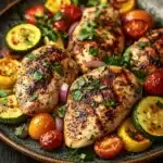 Chicken breast dinner paleo - the image shows a plate of grilled chicken breasts with cherry tomatoes and zucchini. the chicken breasts are golden brown and appear to be seasoned with herbs and spices. the tomatoes are bright red and juicy, and the zucchinis are sliced and arranged in a circular pattern around the chicken breasts. the plate is black and has a textured surface. the background is a dark wooden table.