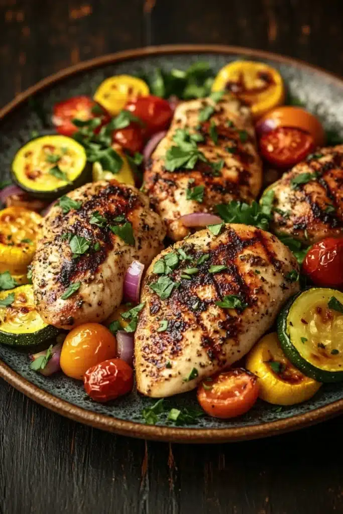 Chicken breast dinner paleo - the image shows a plate of grilled chicken breasts with cherry tomatoes and zucchini. the chicken breasts are golden brown and appear to be seasoned with herbs and spices. the tomatoes are bright red and juicy, and the zucchinis are sliced and arranged in a circular pattern around the chicken breasts. the plate is black and has a textured surface. the background is a dark wooden table.