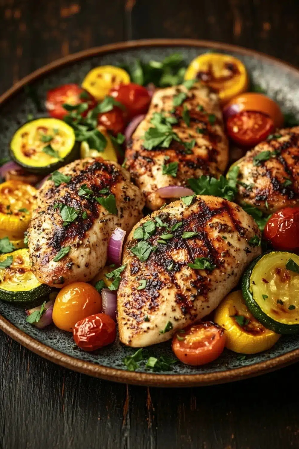 Chicken breast dinner paleo - the image shows a plate of grilled chicken breasts with cherry tomatoes and zucchini. the chicken breasts are golden brown and appear to be seasoned with herbs and spices. the tomatoes are bright red and juicy, and the zucchinis are sliced and arranged in a circular pattern around the chicken breasts. the plate is black and has a textured surface. the background is a dark wooden table.