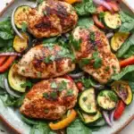 Chicken breast dinner paleo - the image is a close-up of a plate of food. the plate is made of ceramic and has a light brown color. on top of the plate, there are three pieces of grilled chicken breasts. the chicken breasts are golden brown and appear to be seasoned with herbs and spices. the salad is made up of various vegetables, including zucchini, red onions, and yellow bell peppers. there are also some green leaves scattered around the plate. the background is a white wooden table.