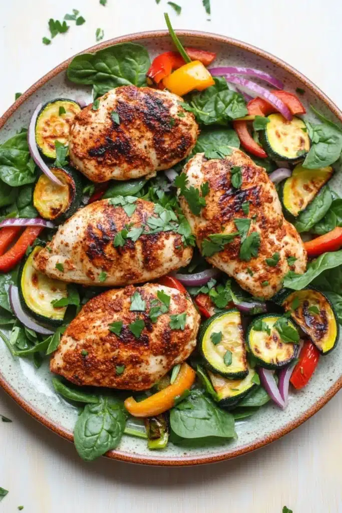Chicken breast dinner paleo - the image is a close-up of a plate of food. the plate is made of ceramic and has a light brown color. on top of the plate, there are three pieces of grilled chicken breasts. the chicken breasts are golden brown and appear to be seasoned with herbs and spices. the salad is made up of various vegetables, including zucchini, red onions, and yellow bell peppers. there are also some green leaves scattered around the plate. the background is a white wooden table.