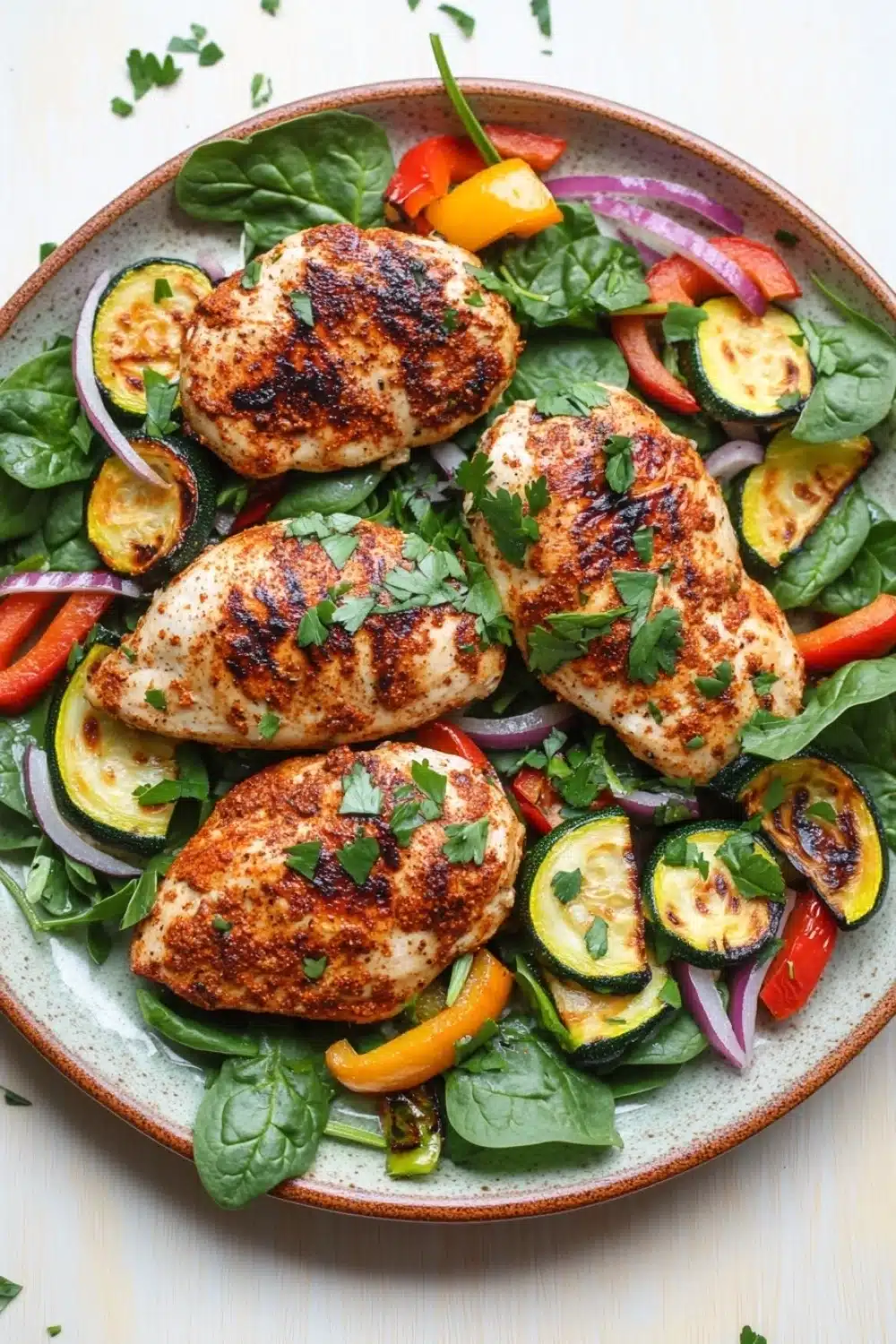 Chicken breast dinner paleo - the image is a close-up of a plate of food. the plate is made of ceramic and has a light brown color. on top of the plate, there are three pieces of grilled chicken breasts. the chicken breasts are golden brown and appear to be seasoned with herbs and spices. the salad is made up of various vegetables, including zucchini, red onions, and yellow bell peppers. there are also some green leaves scattered around the plate. the background is a white wooden table.