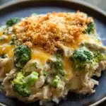 Chicken broccoli casserole cream of mushroom - the image shows a close-up of a dish on a wooden table. the dish appears to be a casserole or lasagna, with a layer of chicken and broccoli on top. the chicken is covered in a creamy yellow sauce, which is drizzled over the top with a sprinkle of breadcrumbs. the broccoli is bright green and looks fresh and vibrant. the plate is dark brown and has a textured surface.