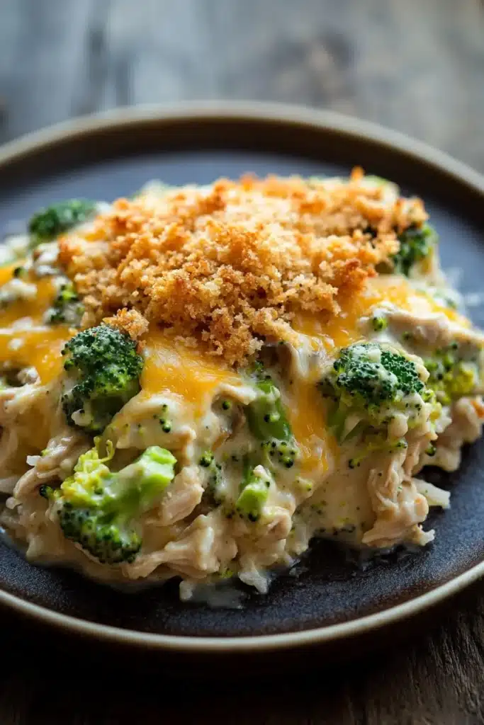 Chicken broccoli casserole cream of mushroom - the image shows a close-up of a dish on a wooden table. the dish appears to be a casserole or lasagna, with a layer of chicken and broccoli on top. the chicken is covered in a creamy yellow sauce, which is drizzled over the top with a sprinkle of breadcrumbs. the broccoli is bright green and looks fresh and vibrant. the plate is dark brown and has a textured surface.