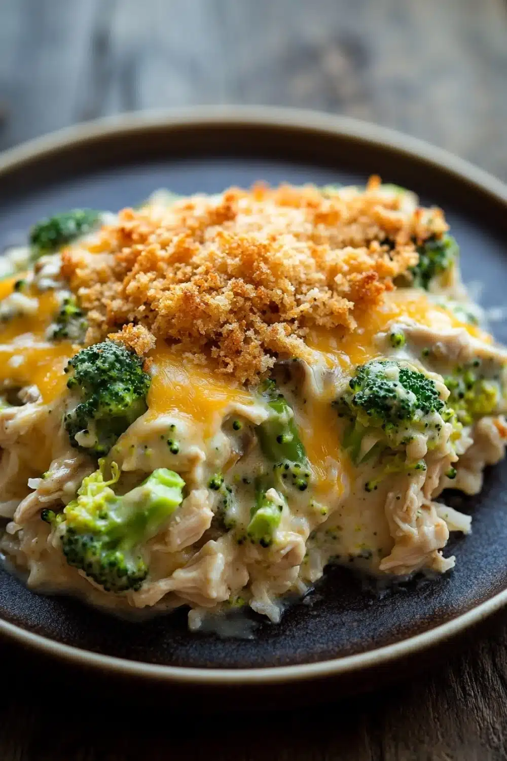 Chicken broccoli casserole cream of mushroom - the image shows a close-up of a dish on a wooden table. the dish appears to be a casserole or lasagna, with a layer of chicken and broccoli on top. the chicken is covered in a creamy yellow sauce, which is drizzled over the top with a sprinkle of breadcrumbs. the broccoli is bright green and looks fresh and vibrant. the plate is dark brown and has a textured surface.
