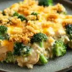 Chicken broccoli casserole cream of mushroom - the image shows a plate of food with a serving of broccoli casserole. the dish is made with a layer of melted cheese on top, which is golden brown and appears to be crispy on the edges. the cheese is melted and bubbly, and there are small pieces of broccoli scattered throughout the dish. the broccoli is bright green and looks fresh and healthy. the plate is sitting on a dark countertop with a few sprigs of parsley in the background.