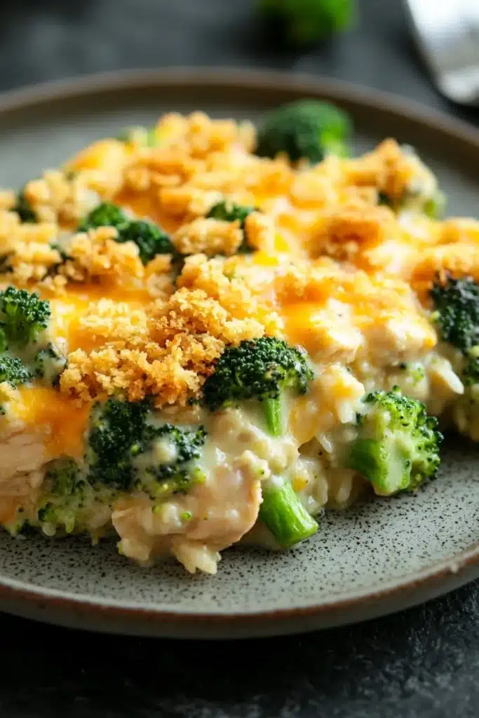 Chicken broccoli casserole cream of mushroom - the image shows a plate of food with a serving of broccoli casserole. the dish is made with a layer of melted cheese on top, which is golden brown and appears to be crispy on the edges. the cheese is melted and bubbly, and there are small pieces of broccoli scattered throughout the dish. the broccoli is bright green and looks fresh and healthy. the plate is sitting on a dark countertop with a few sprigs of parsley in the background.