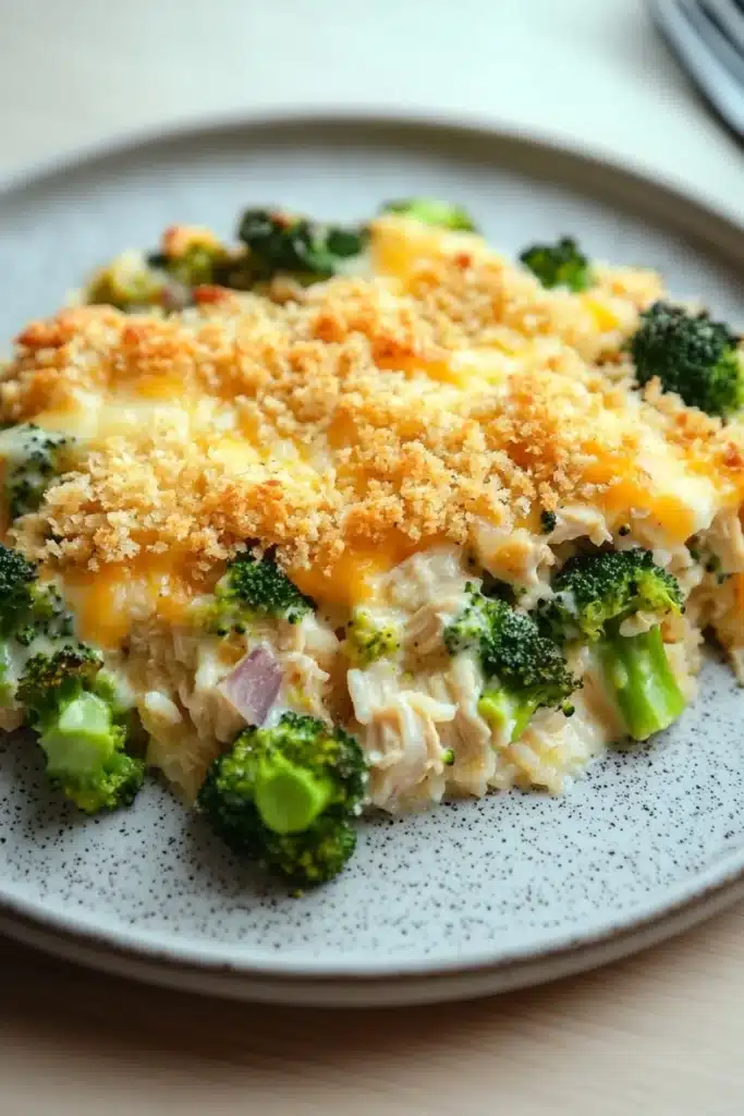 Chicken broccoli casserole dinner - the image shows a plate of food with a casserole dish on it. the dish appears to be made with broccoli and chicken, and it is topped with a layer of melted cheese. the cheese is golden brown and bubbly, and there are small pieces of broccoli scattered throughout the dish. the plate is white with a speckled pattern, and a fork is visible on the right side of the image. the background is a wooden table.