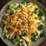 Chicken broccoli casserole dinner - the image is a close-up of a bowl of food. the bowl is made of ceramic and is placed on a wooden table. the food appears to be a casserole dish with broccoli, chicken, and cheese. the broccoli is cut into small pieces and is arranged in a circular pattern on top of the chicken. the cheese is melted and bubbly, and there are small pieces of green onions scattered throughout the dish. there are also a few sprigs of parsley on the table, adding a pop of green color to the image. the overall appearance of the dish is fresh and appetizing.